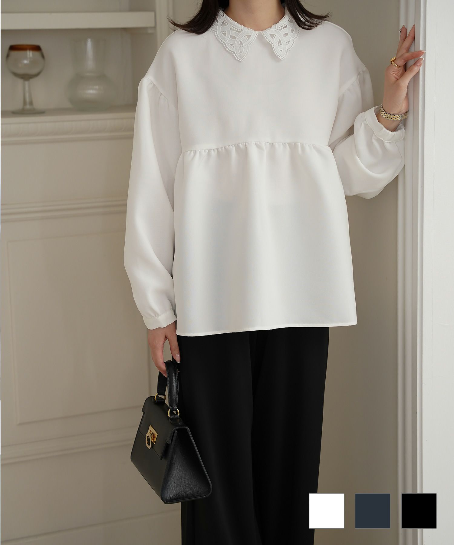 レース 襟付き ブラウス レディース レース襟 長袖 フレア ペプラム チュニック きれいめ 洗える ホワイト/ネイビー/ブラック/M
