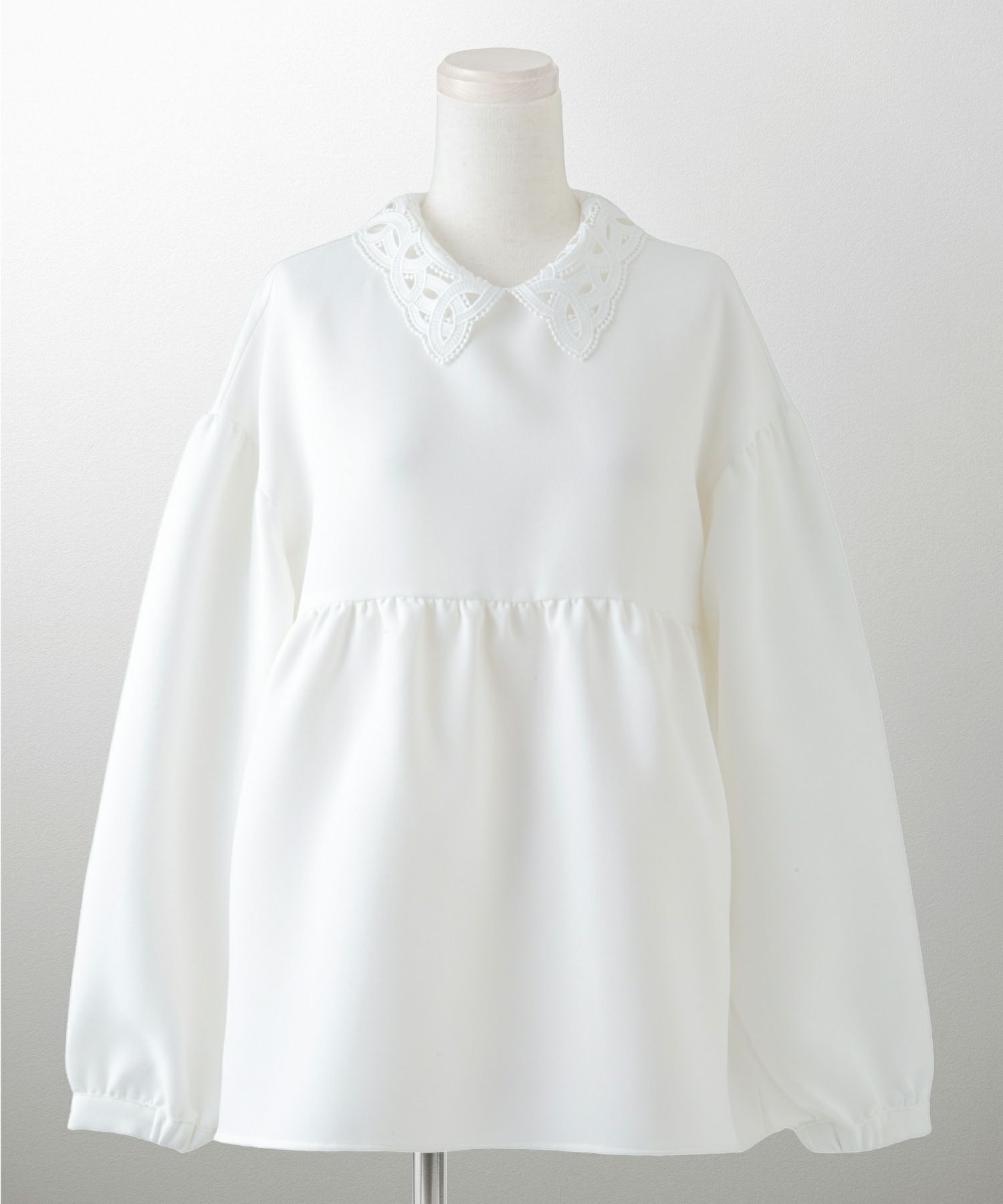 レース 襟付き ブラウス レディース レース襟 長袖 フレア ペプラム チュニック きれいめ 洗える ホワイト/ネイビー/ブラック/M