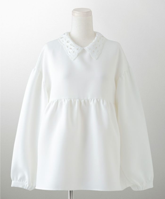 レース 襟付き ブラウス レディース レース襟 長袖 フレア ペプラム チュニック きれいめ 洗える ホワイト/ネイビー/ブラック/M