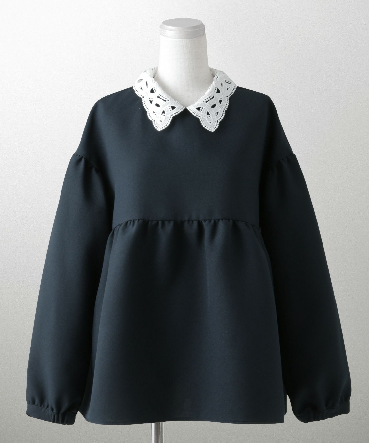レース 襟付き ブラウス レディース レース襟 長袖 フレア ペプラム チュニック きれいめ 洗える ホワイト/ネイビー/ブラック/M