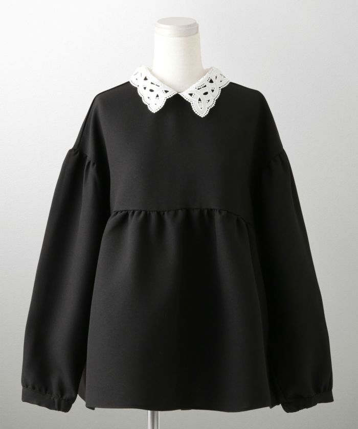 レース 襟付き ブラウス レディース レース襟 長袖 フレア ペプラム チュニック きれいめ 洗える ホワイト/ネイビー/ブラック/M