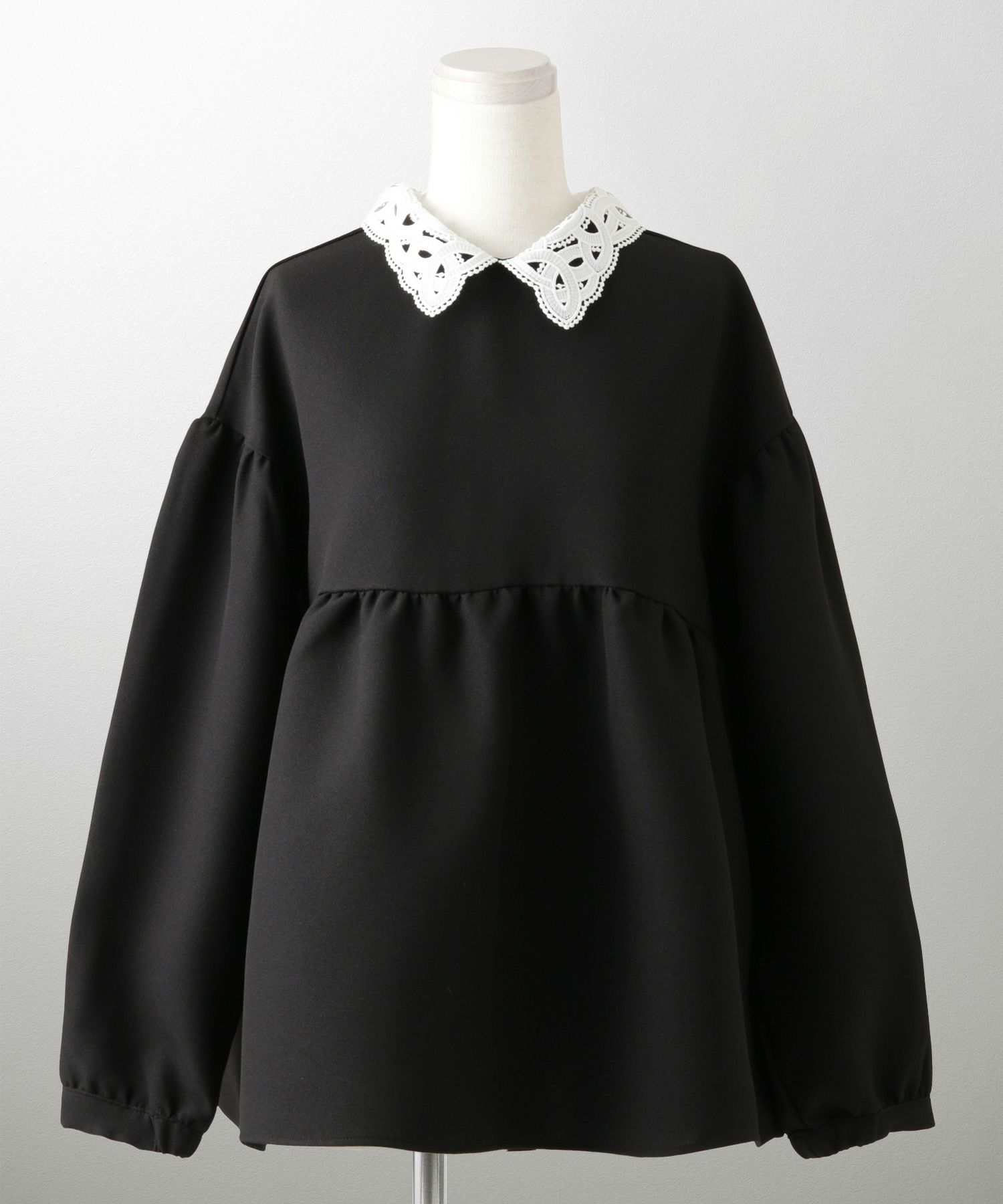 レース 襟付き ブラウス レディース レース襟 長袖 フレア ペプラム チュニック きれいめ 洗える ホワイト/ネイビー/ブラック/M