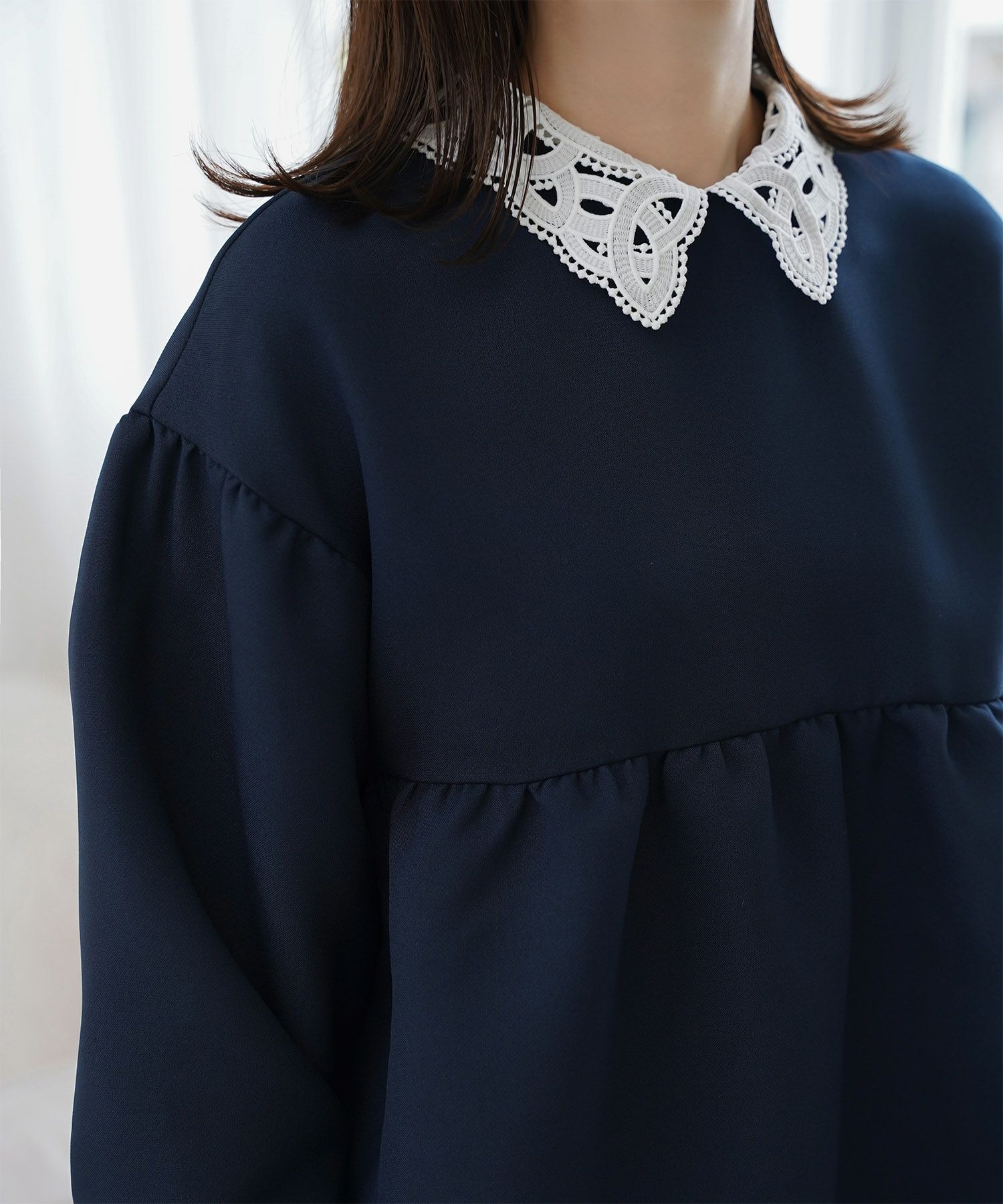レース 襟付き ブラウス レディース レース襟 長袖 フレア ペプラム チュニック きれいめ 洗える ホワイト/ネイビー/ブラック/M