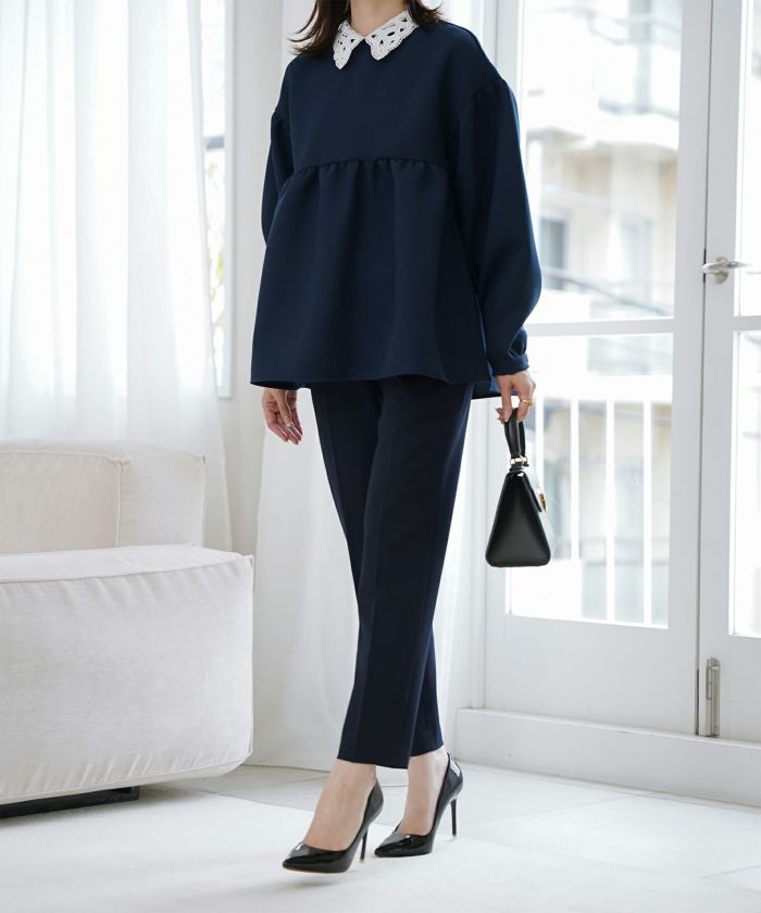 レース 襟付き ブラウス レディース レース襟 長袖 フレア ペプラム チュニック きれいめ 洗える ホワイト/ネイビー/ブラック/M