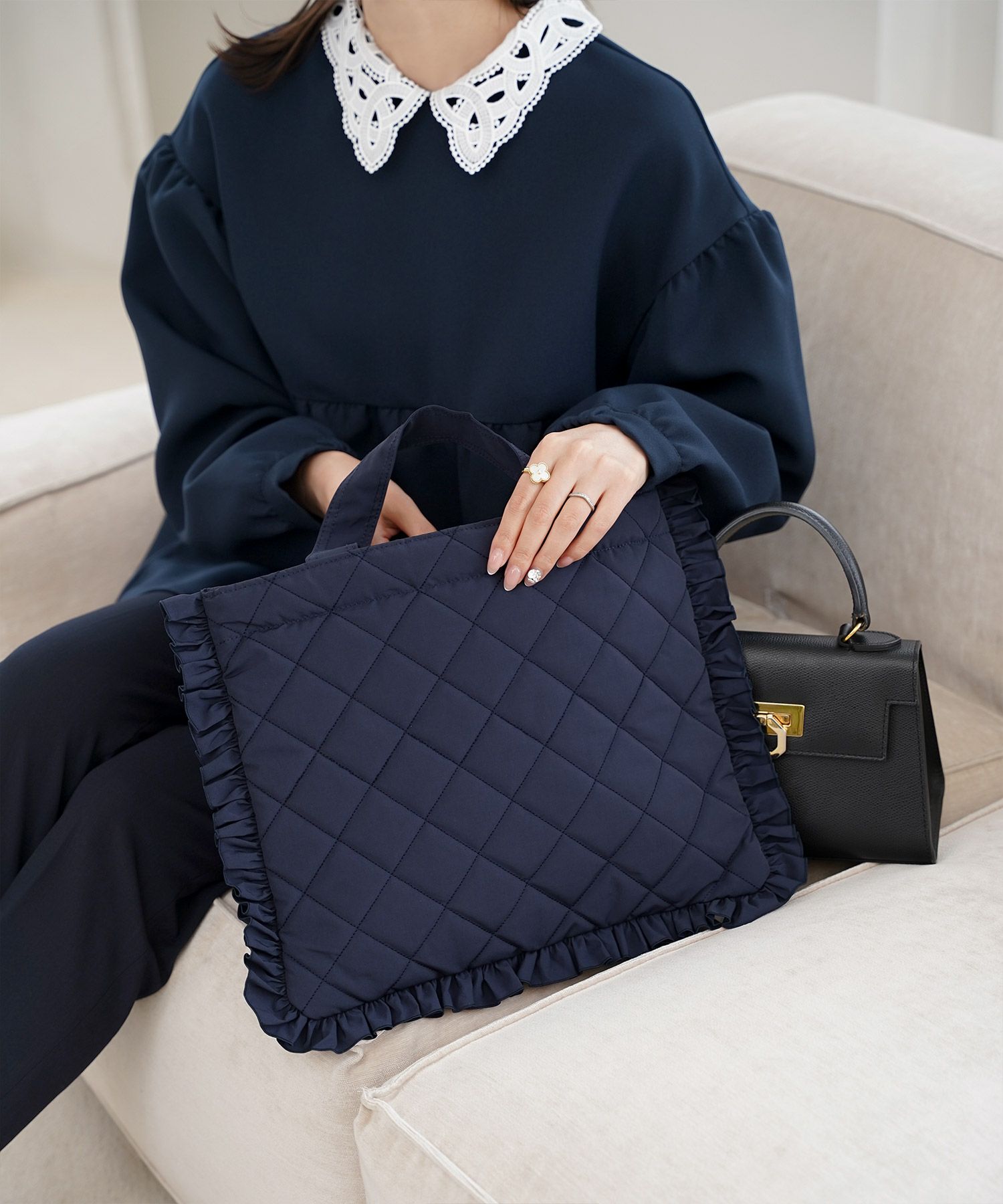 レース 襟付き ブラウス レディース レース襟 長袖 フレア ペプラム チュニック きれいめ 洗える ホワイト/ネイビー/ブラック/M