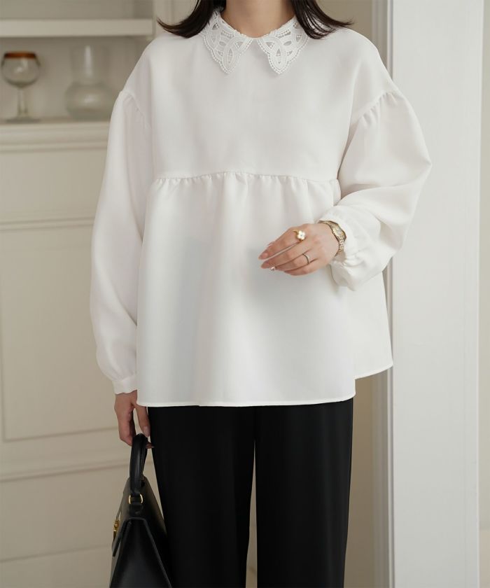 レース 襟付き ブラウス レディース レース襟 長袖 フレア ペプラム チュニック きれいめ 洗える ホワイト/ネイビー/ブラック/M