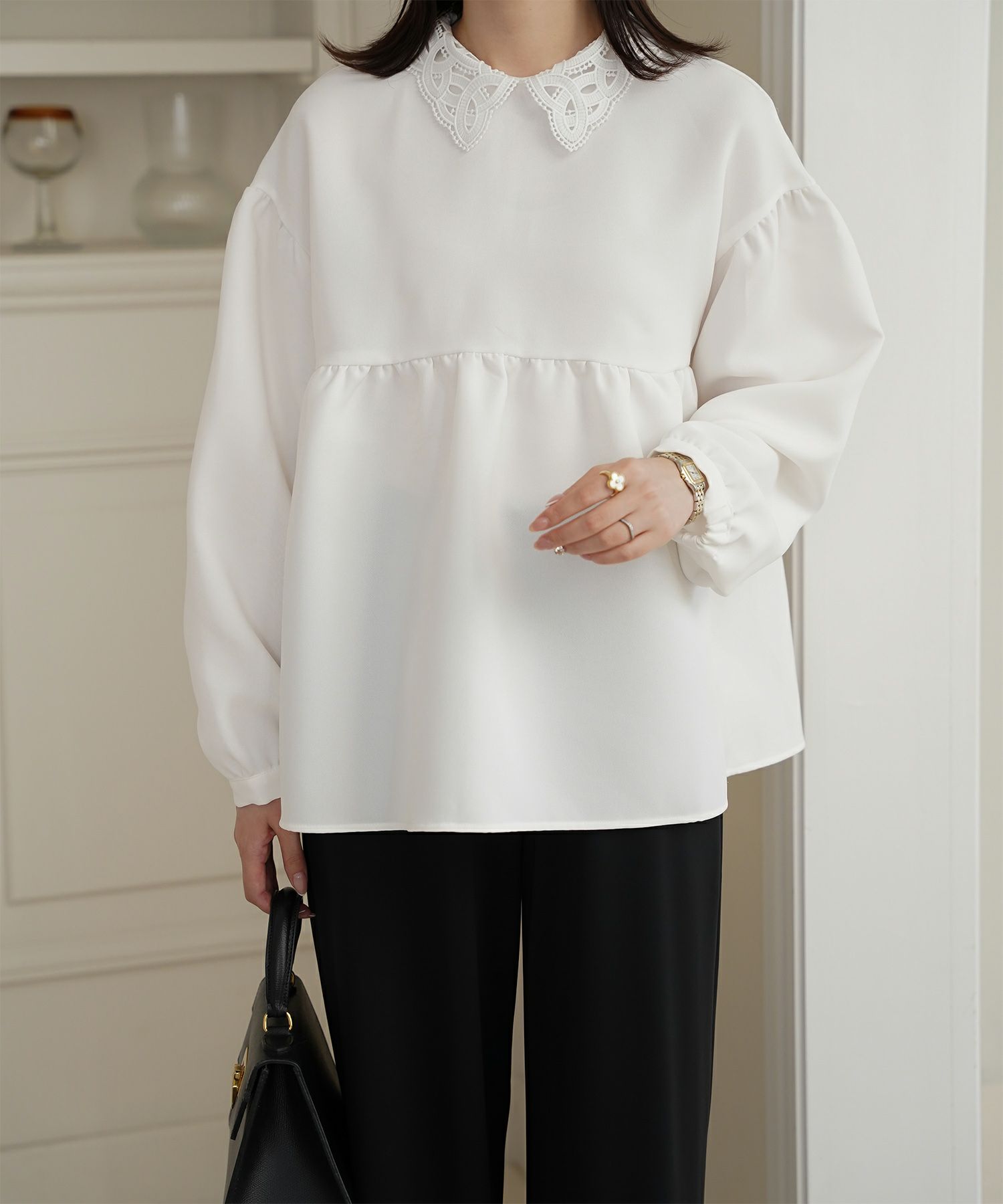 レース 襟付き ブラウス レディース レース襟 長袖 フレア ペプラム チュニック きれいめ 洗える ホワイト/ネイビー/ブラック/M