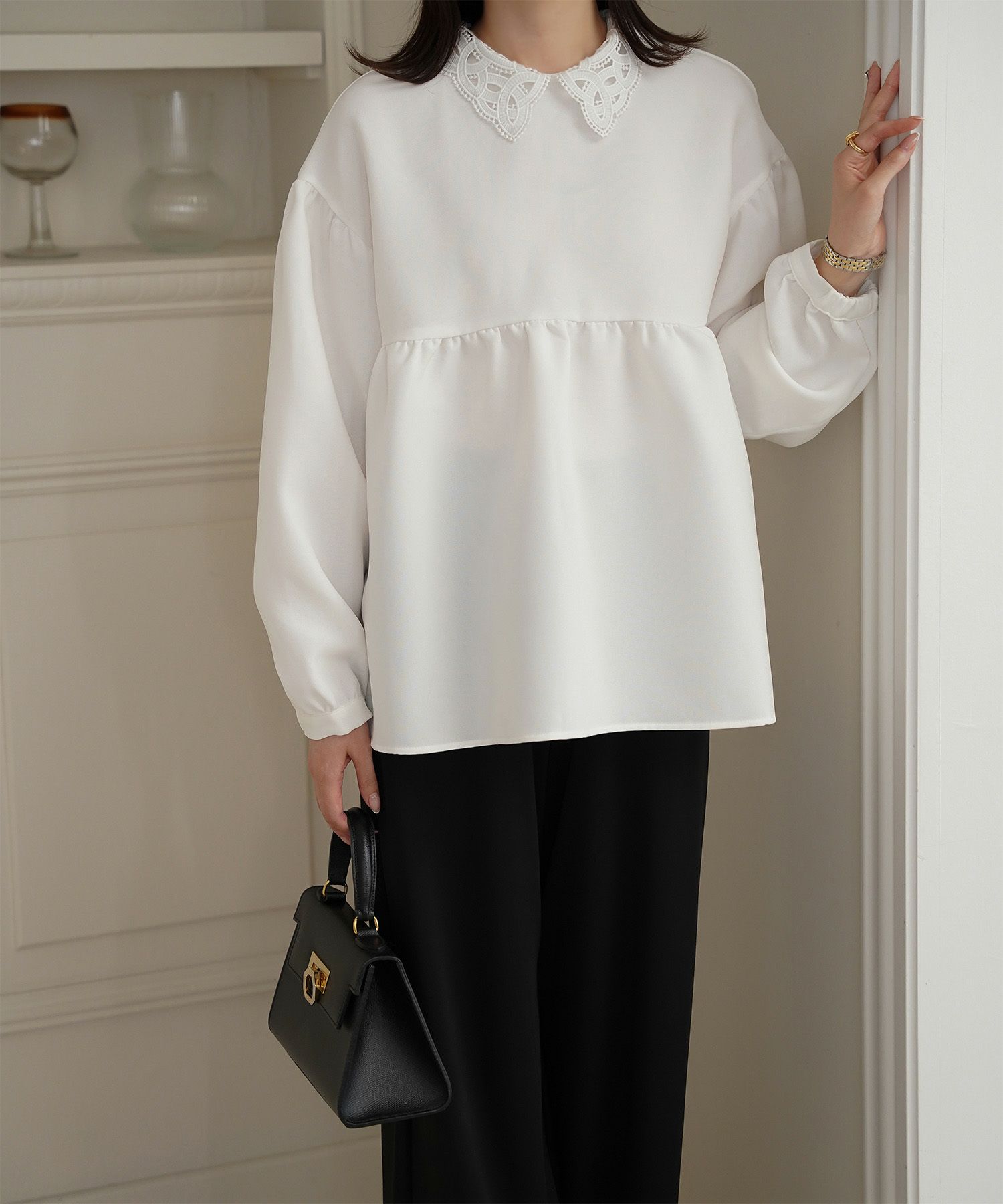 レース 襟付き ブラウス レディース レース襟 長袖 フレア ペプラム チュニック きれいめ 洗える ホワイト/ネイビー/ブラック/M