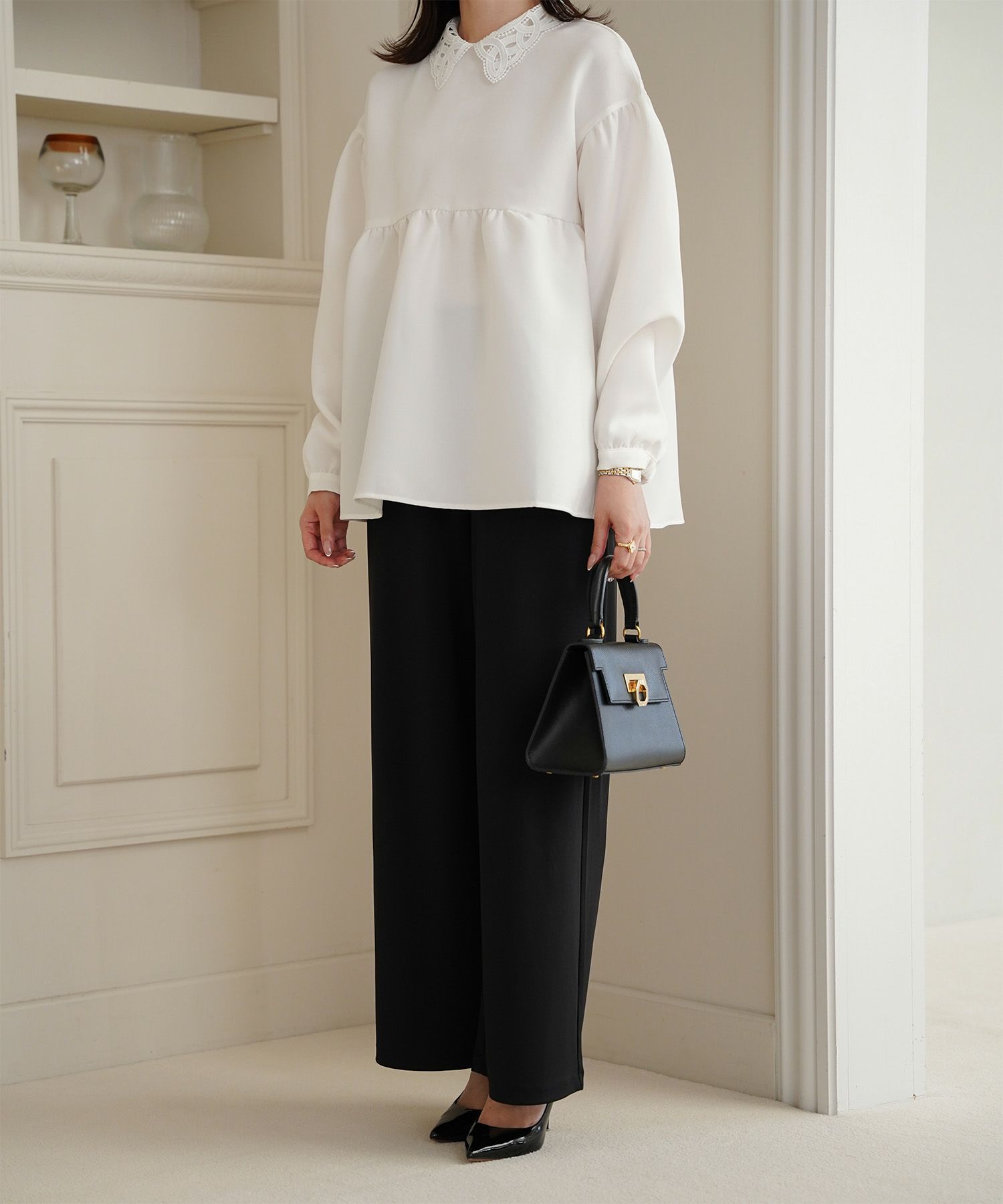 レース 襟付き ブラウス レディース レース襟 長袖 フレア ペプラム チュニック きれいめ 洗える ホワイト/ネイビー/ブラック/M