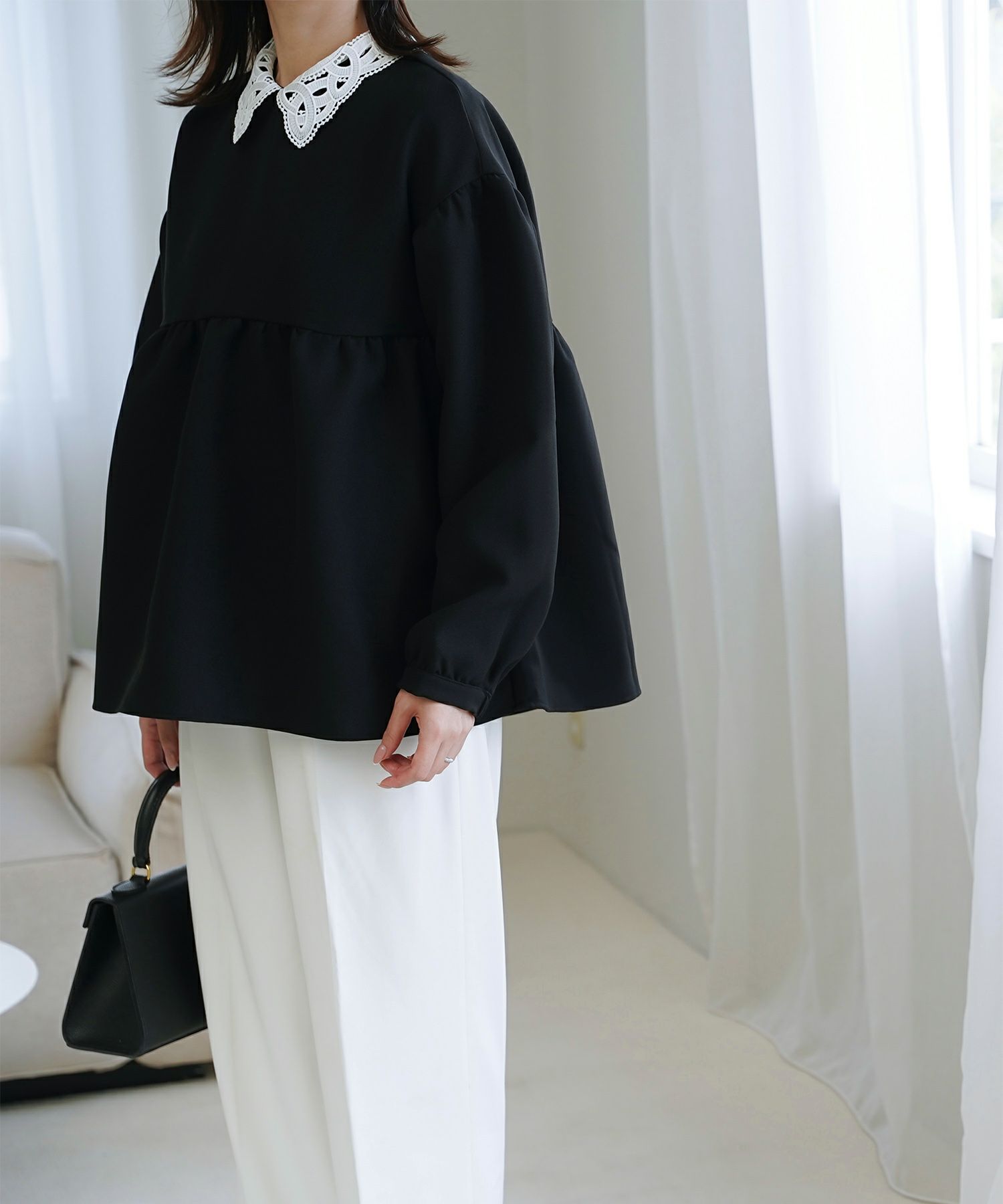 レース 襟付き ブラウス レディース レース襟 長袖 フレア ペプラム チュニック きれいめ 洗える ホワイト/ネイビー/ブラック/M
