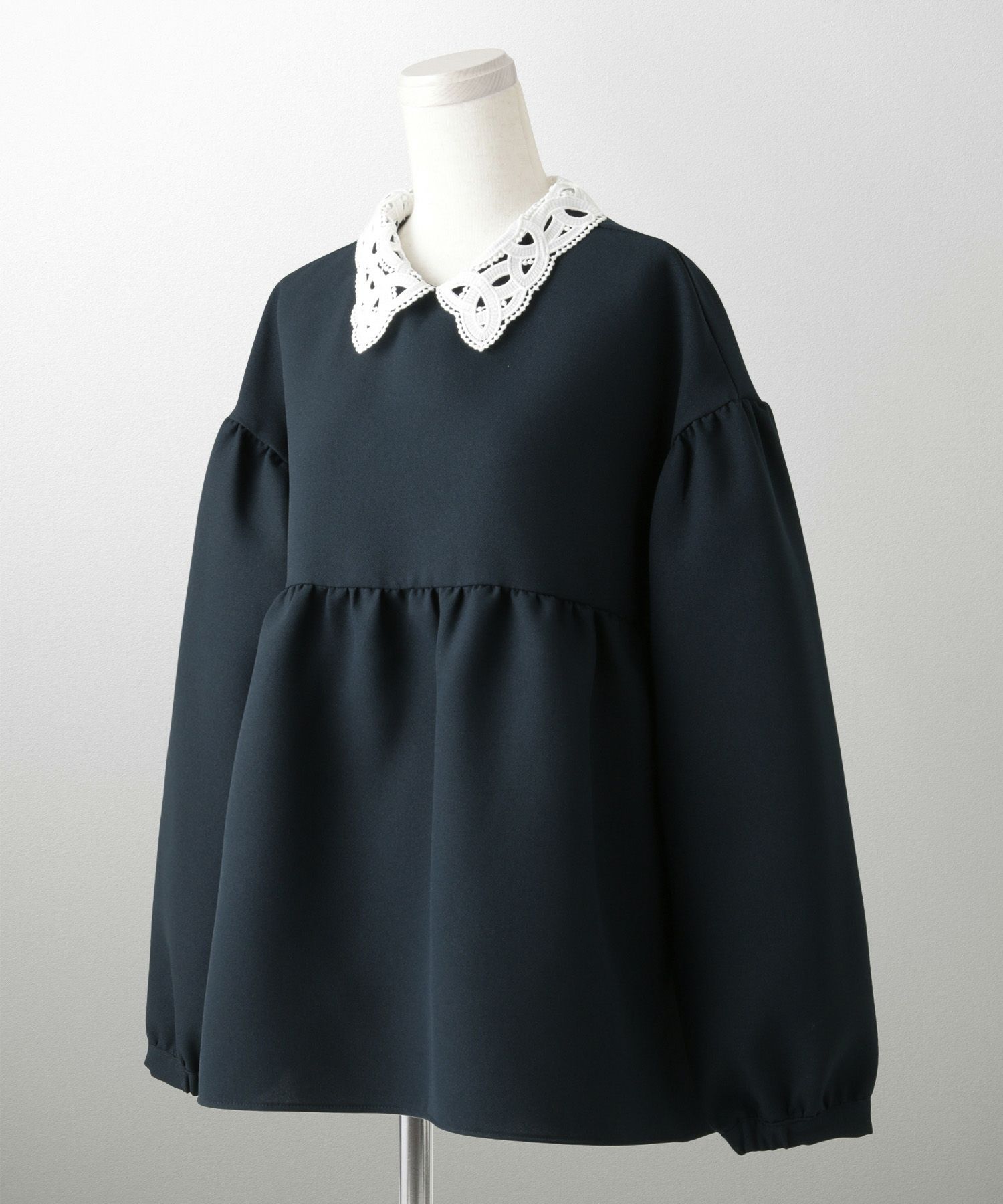 レース 襟付き ブラウス レディース レース襟 長袖 フレア ペプラム チュニック きれいめ 洗える ホワイト/ネイビー/ブラック/M