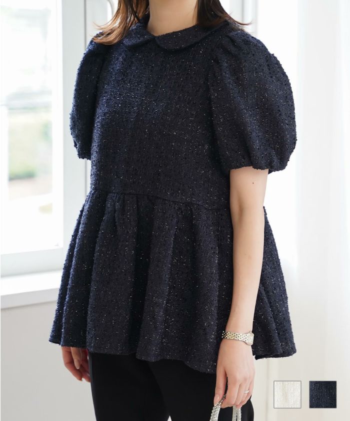 襟付き ツイード ペプラムトップス 丸襟 ツイード ラメ オフィス 学校行事 きれいめ 半袖 ホワイト/ネイビー/M