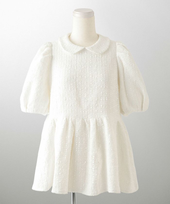 襟付き ツイード ペプラムトップス 丸襟 ツイード ラメ オフィス 学校行事 きれいめ 半袖 ホワイト/ネイビー/M