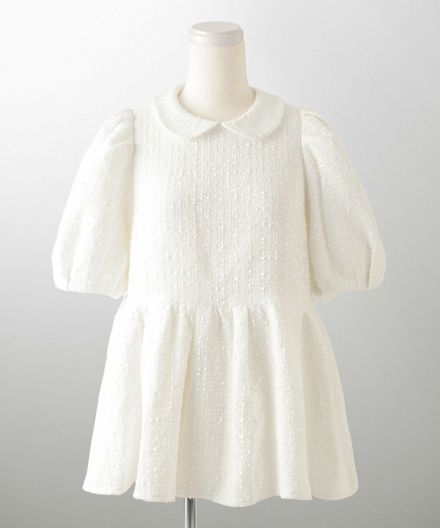 襟付き ツイード ペプラムトップス 丸襟 ツイード ラメ オフィス 学校行事 きれいめ 半袖 ホワイト/ネイビー/M