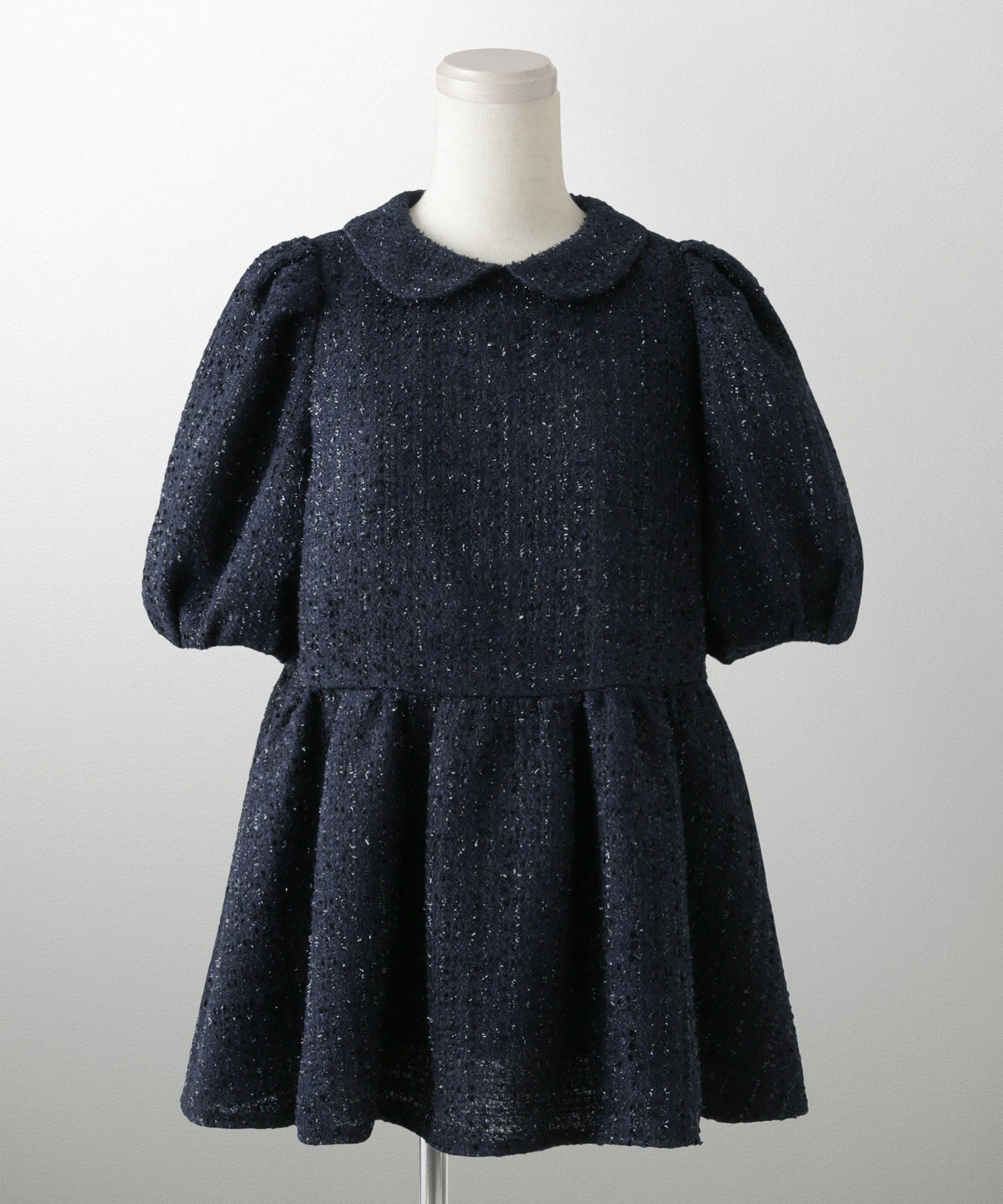 襟付き ツイード ペプラムトップス 丸襟 ツイード ラメ オフィス 学校行事 きれいめ 半袖 ホワイト/ネイビー/M