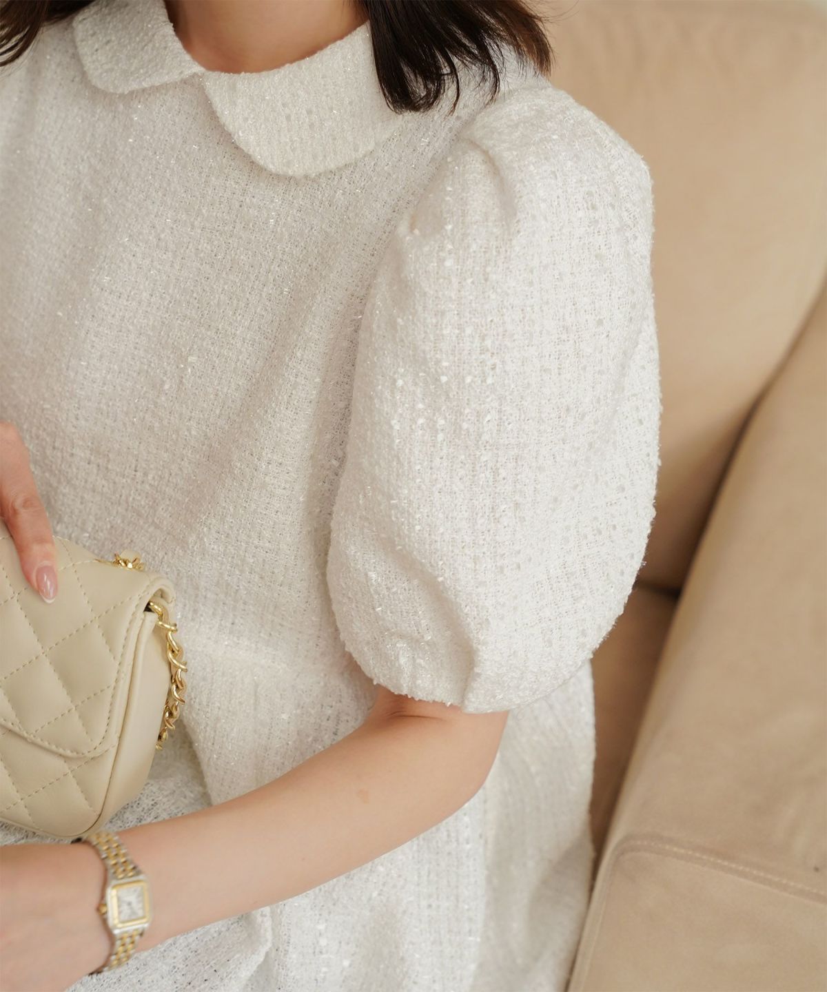 襟付き ツイード ペプラムトップス 丸襟 ツイード ラメ オフィス 学校行事 きれいめ 半袖 ホワイト/ネイビー/M