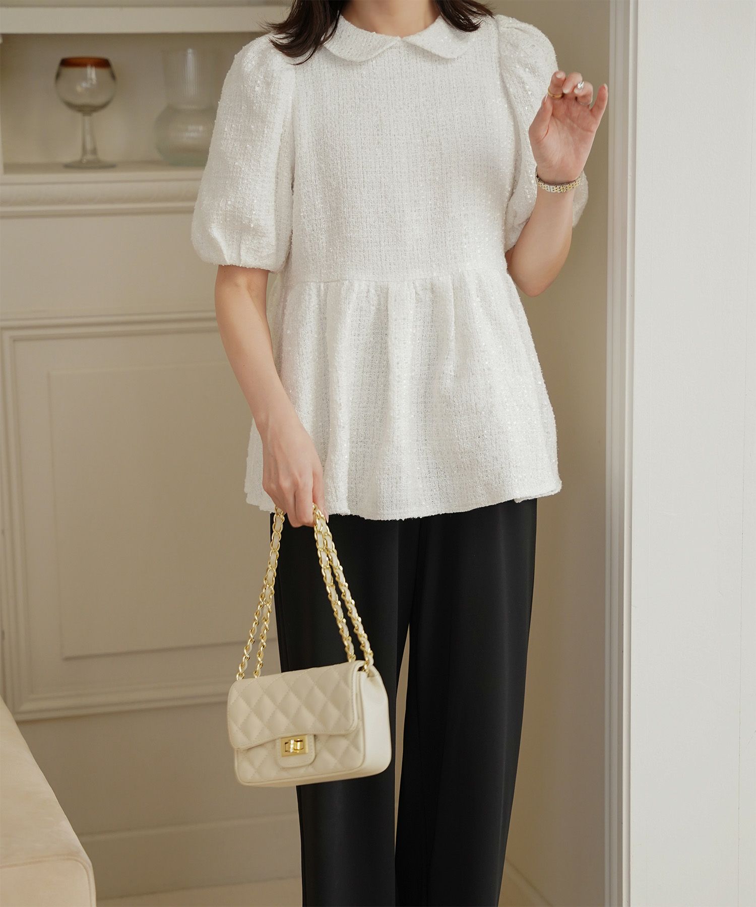 襟付き ツイード ペプラムトップス 丸襟 ツイード ラメ オフィス 学校行事 きれいめ 半袖 ホワイト/ネイビー/M