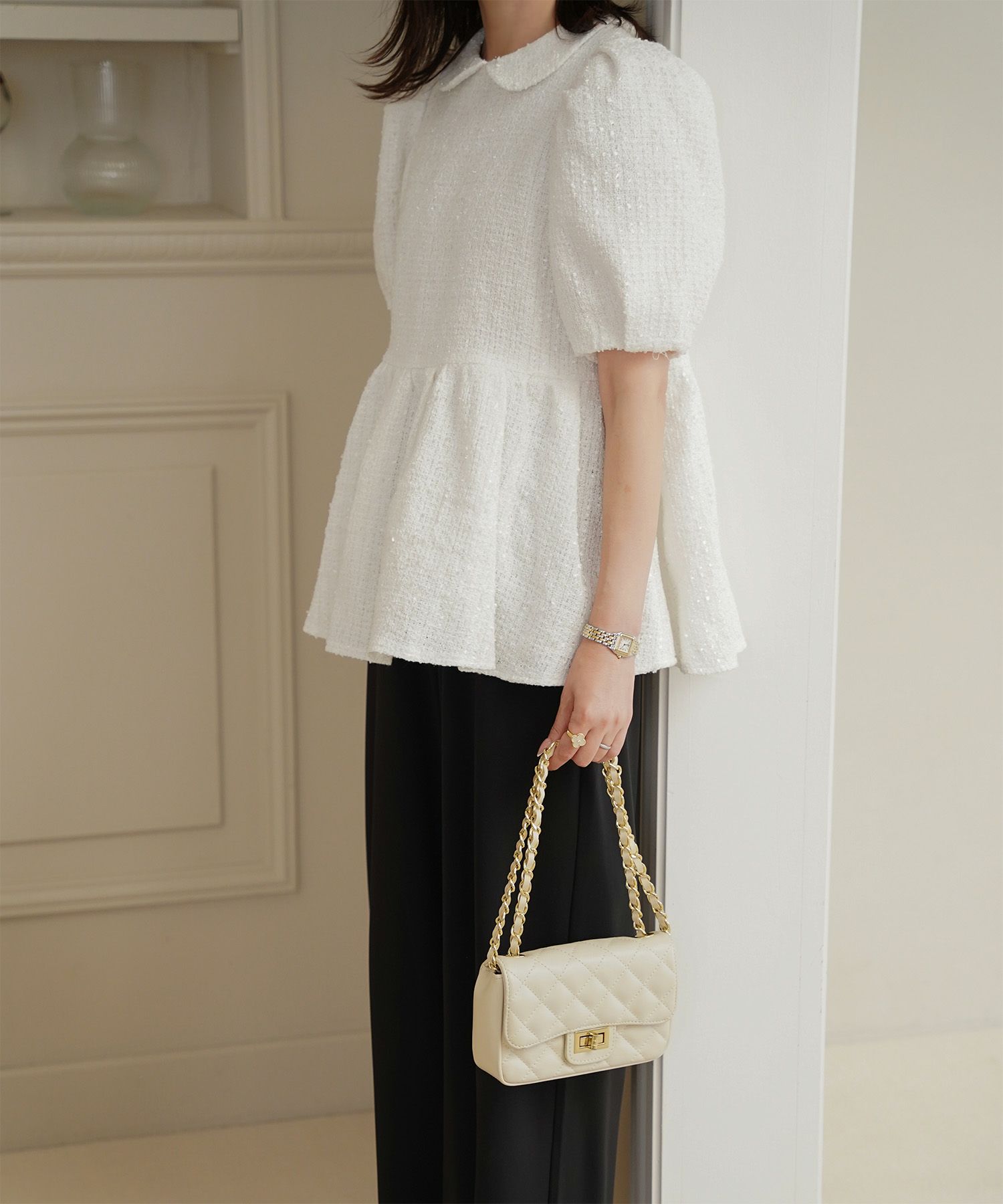 襟付き ツイード ペプラムトップス 丸襟 ツイード ラメ オフィス 学校行事 きれいめ 半袖 ホワイト/ネイビー/M