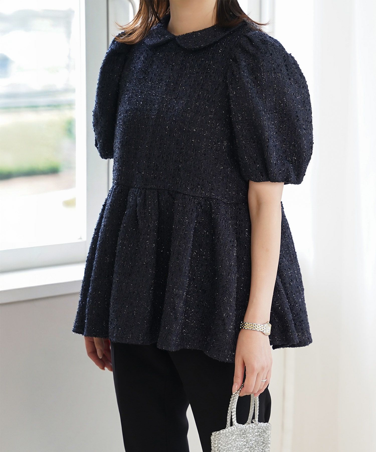 襟付き ツイード ペプラム トップス HUIT 全2色｜hit831-0288【1