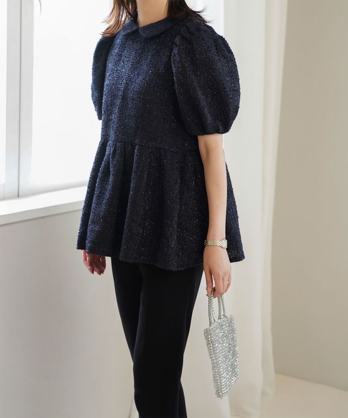 襟付き ツイード ペプラムトップス 丸襟 ツイード ラメ オフィス 学校行事 きれいめ 半袖 ホワイト/ネイビー/M