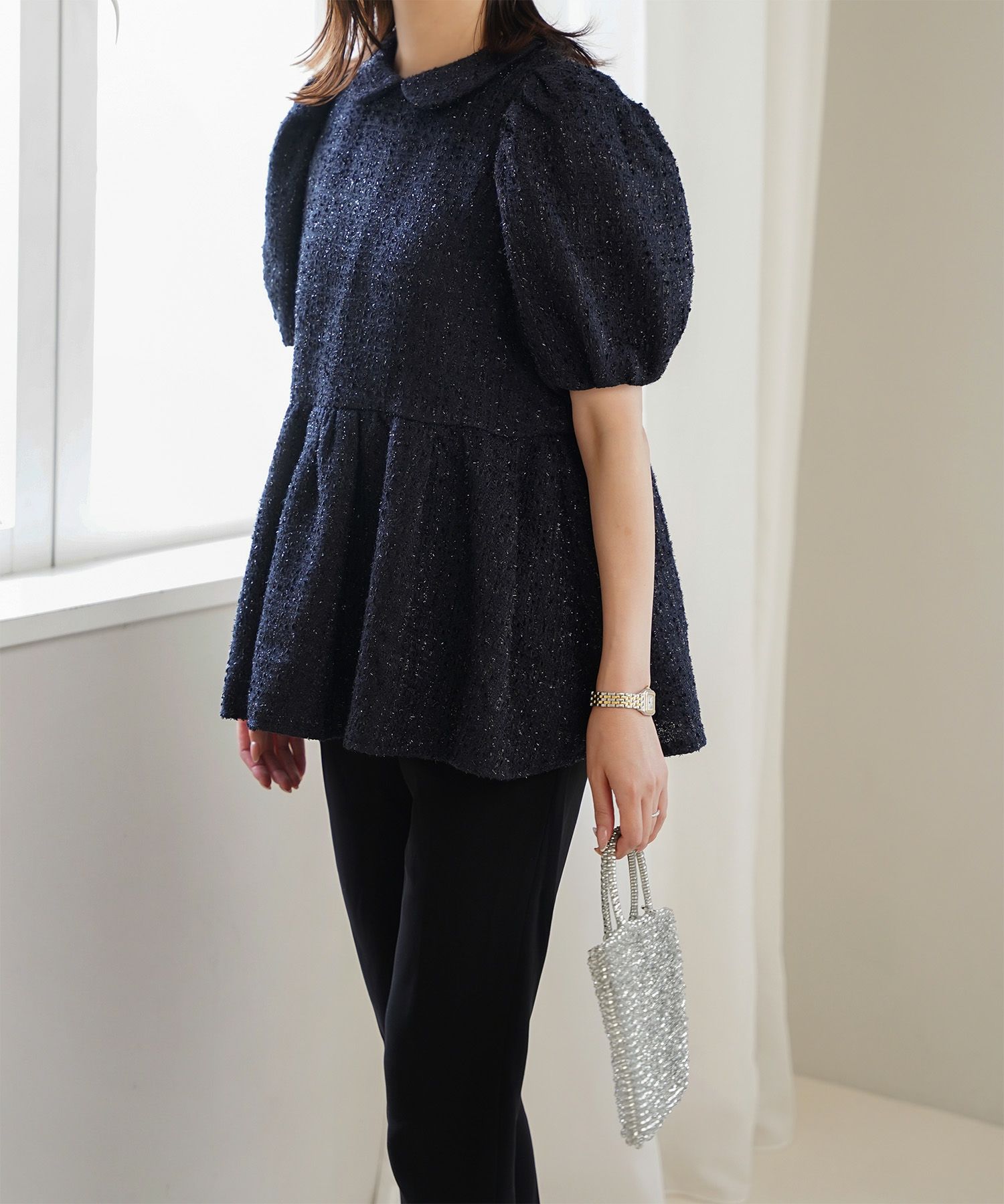 襟付き ツイード ペプラムトップス 丸襟 ツイード ラメ オフィス 学校行事 きれいめ 半袖 ホワイト/ネイビー/M