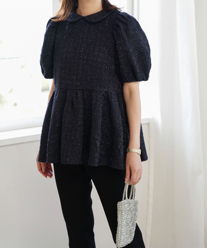 襟付き ツイード ペプラムトップス 丸襟 ツイード ラメ オフィス 学校行事 きれいめ 半袖 ホワイト/ネイビー/M