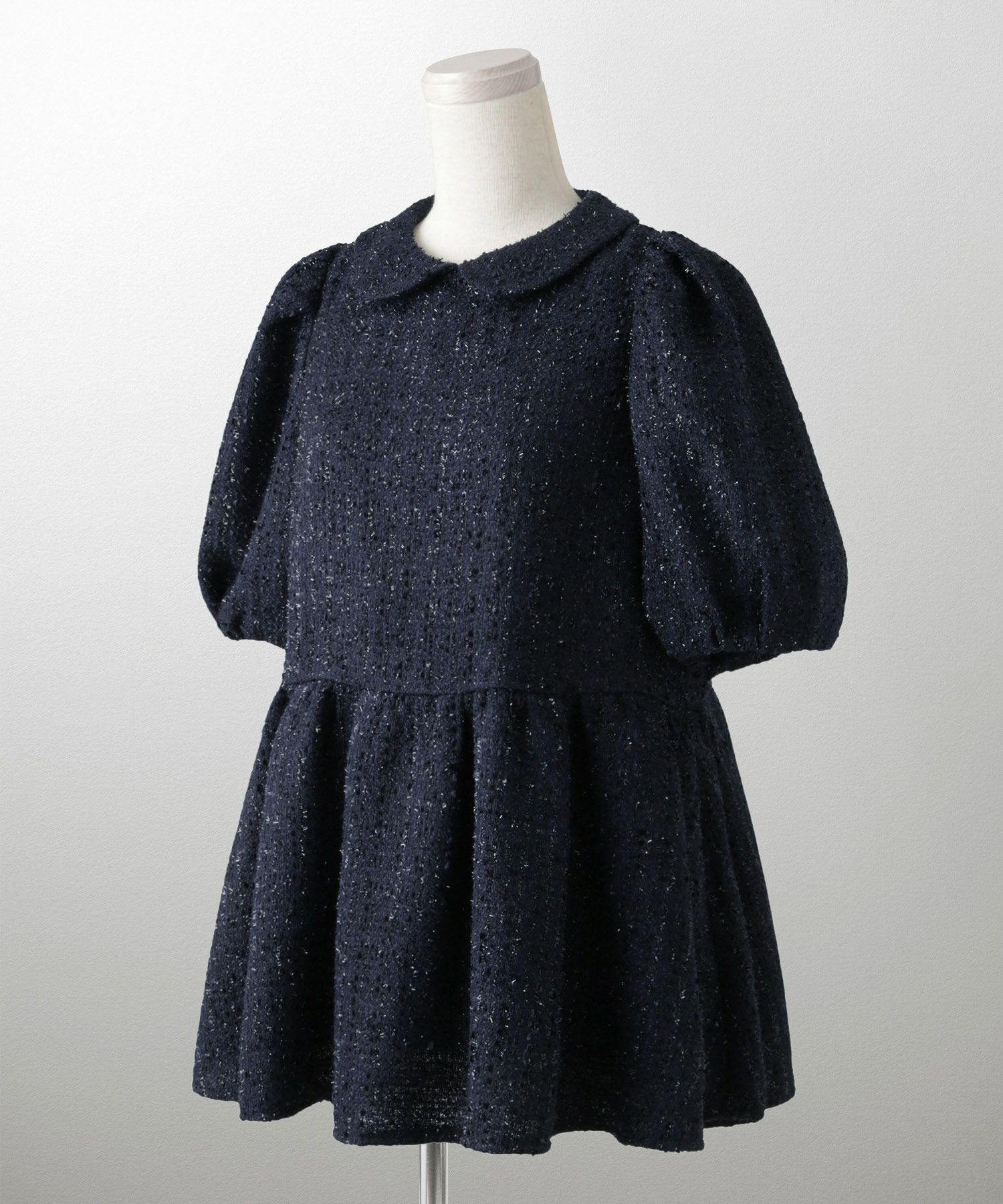 襟付き ツイード ペプラムトップス 丸襟 ツイード ラメ オフィス 学校行事 きれいめ 半袖 ホワイト/ネイビー/M