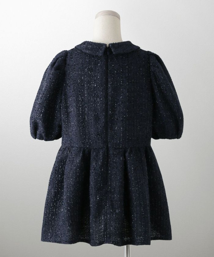 襟付き ツイード ペプラムトップス 丸襟 ツイード ラメ オフィス 学校行事 きれいめ 半袖 ホワイト/ネイビー/M