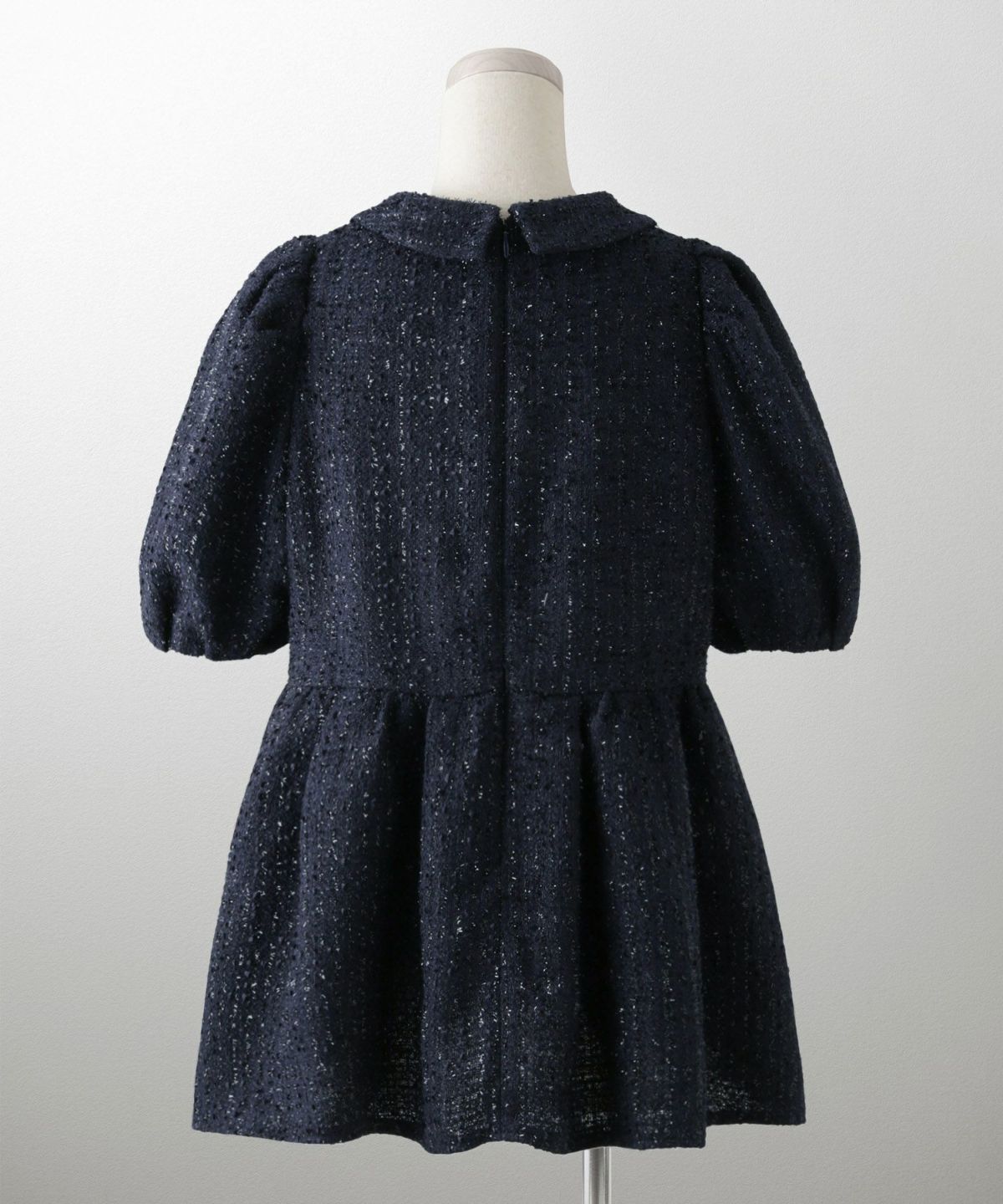 襟付き ツイード ペプラムトップス 丸襟 ツイード ラメ オフィス 学校行事 きれいめ 半袖 ホワイト/ネイビー/M