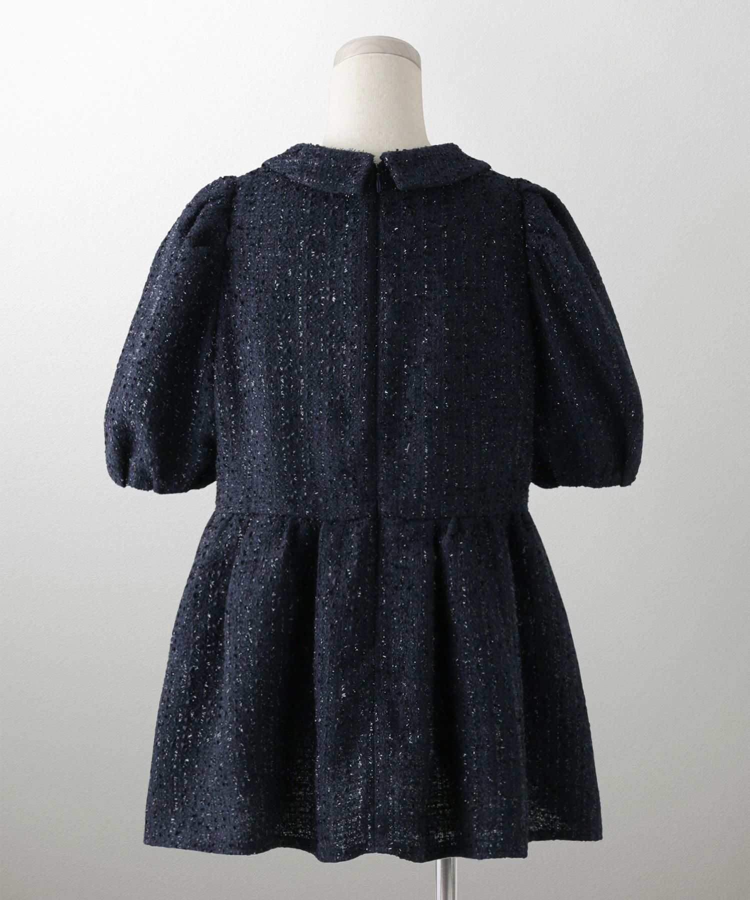 襟付き ツイード ペプラムトップス 丸襟 ツイード ラメ オフィス 学校行事 きれいめ 半袖 ホワイト/ネイビー/M