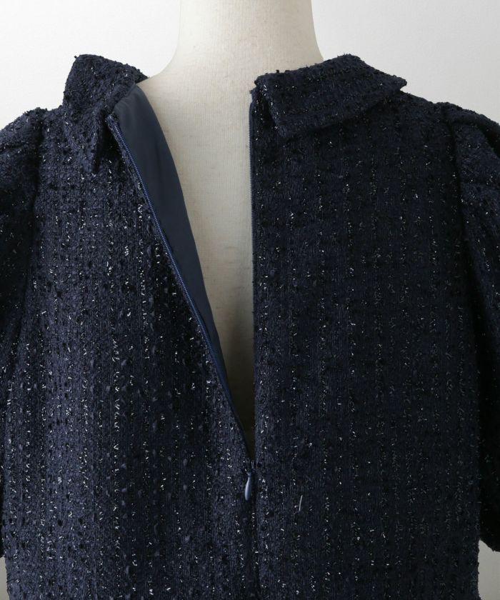 襟付き ツイード ペプラムトップス 丸襟 ツイード ラメ オフィス 学校行事 きれいめ 半袖 ホワイト/ネイビー/M