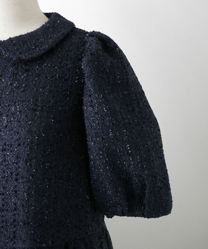 襟付き ツイード ペプラムトップス 丸襟 ツイード ラメ オフィス 学校行事 きれいめ 半袖 ホワイト/ネイビー/M