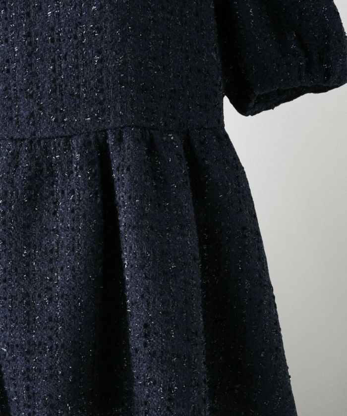 襟付き ツイード ペプラムトップス 丸襟 ツイード ラメ オフィス 学校行事 きれいめ 半袖 ホワイト/ネイビー/M