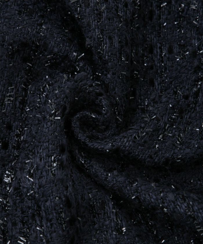 襟付き ツイード ペプラムトップス 丸襟 ツイード ラメ オフィス 学校行事 きれいめ 半袖 ホワイト/ネイビー/M