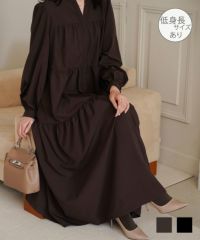 レディース 春 秋 冬 ティアードワンピース ロングワンピース マキシ丈 きれいめ 洗える ブラウン/ブラック/S/M/長袖