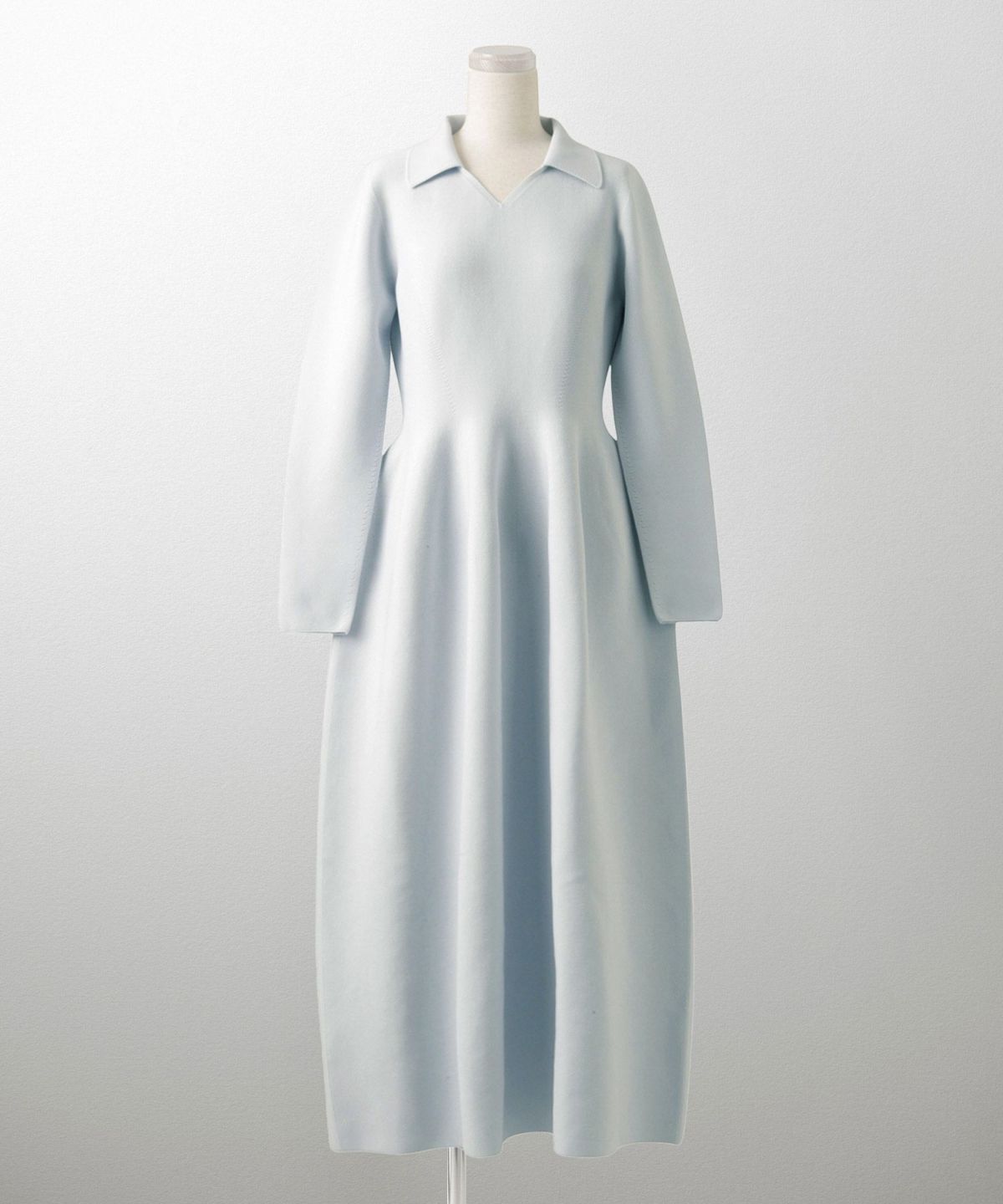 オープンカラー ホールガーメント ニット ワンピース レディース 春 秋 冬 ロング丈 マキシ丈 長袖 Vネック サックス/ベージュ/ブラック/S/M