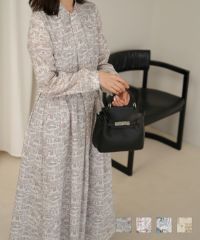 レディース ワンピース ボウタイ リバティ柄 長袖 パリ 陶器 長袖 きれいめ 上品 洗える グレー/ピンク/ブルー/ベージュ/M