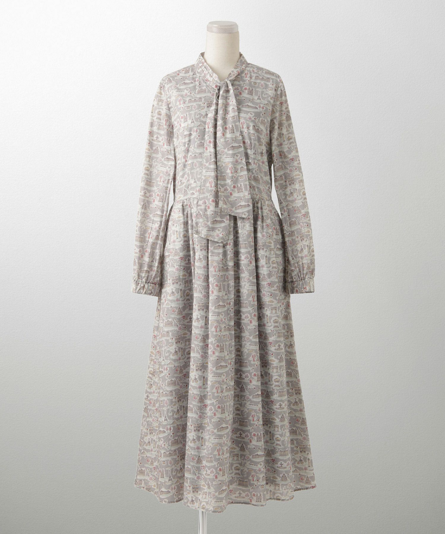 レディース ワンピース ボウタイ リバティ柄 長袖 パリ 陶器 長袖 きれいめ 上品 洗える グレー/ピンク/ブルー/ベージュ/M