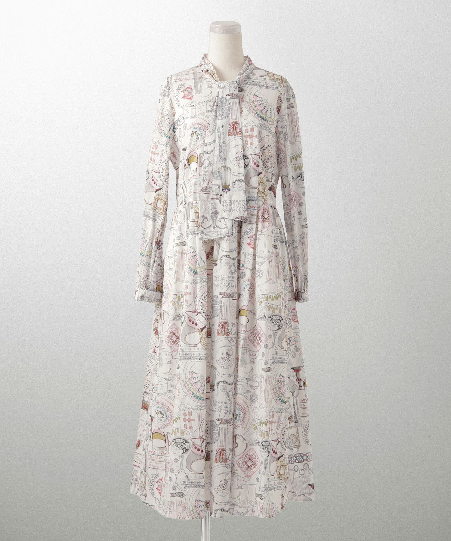 レディース ワンピース ボウタイ リバティ柄 長袖 パリ 陶器 長袖 きれいめ 上品 洗える グレー/ピンク/ブルー/ベージュ/M