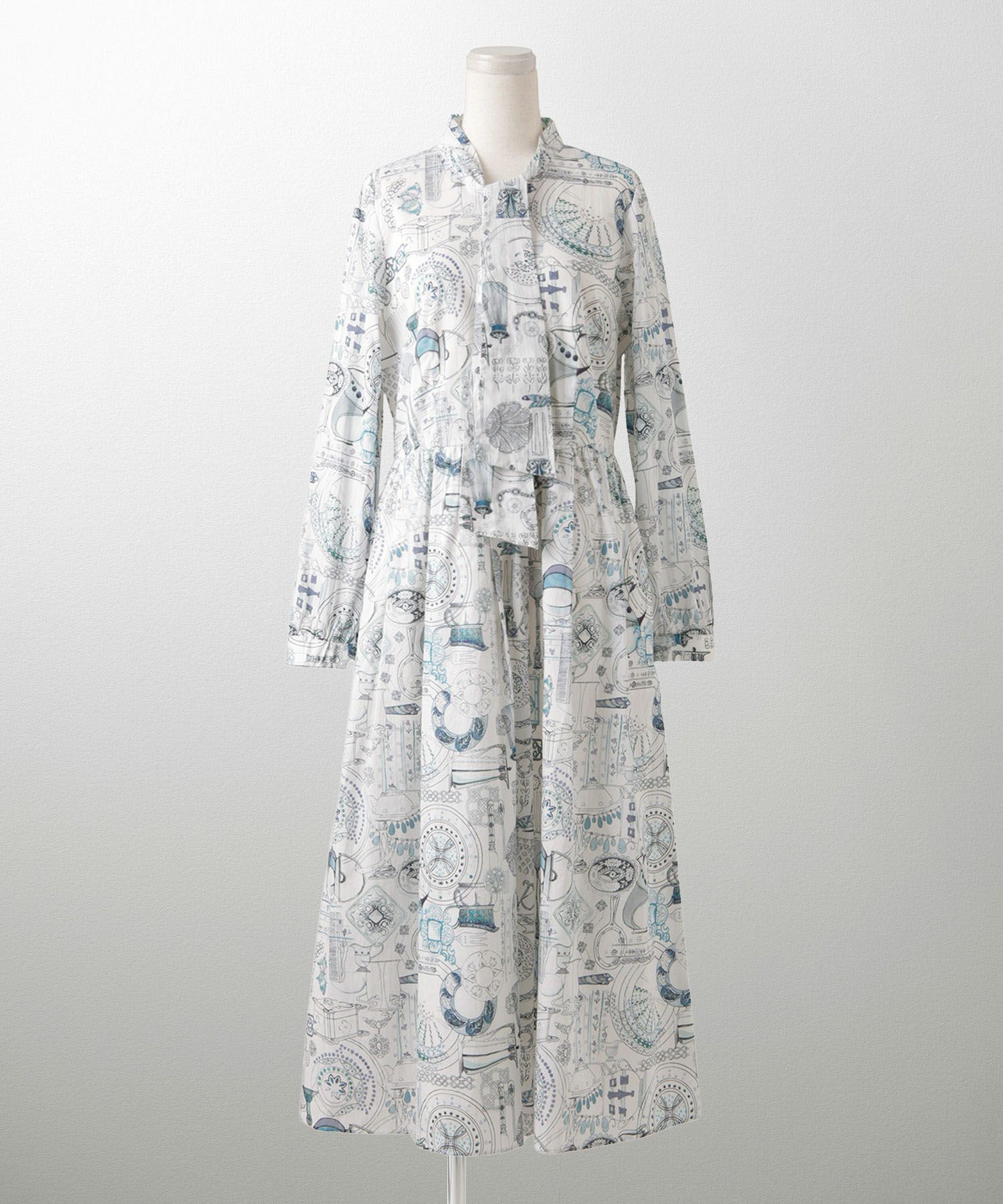 レディース ワンピース ボウタイ リバティ柄 長袖 パリ 陶器 長袖 きれいめ 上品 洗える グレー/ピンク/ブルー/ベージュ/M