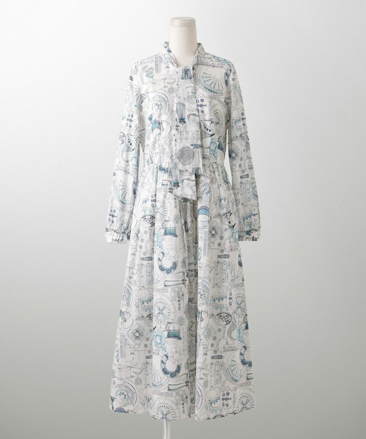 レディース ワンピース ボウタイ リバティ柄 長袖 パリ 陶器 長袖 きれいめ 上品 洗える グレー/ピンク/ブルー/ベージュ/M