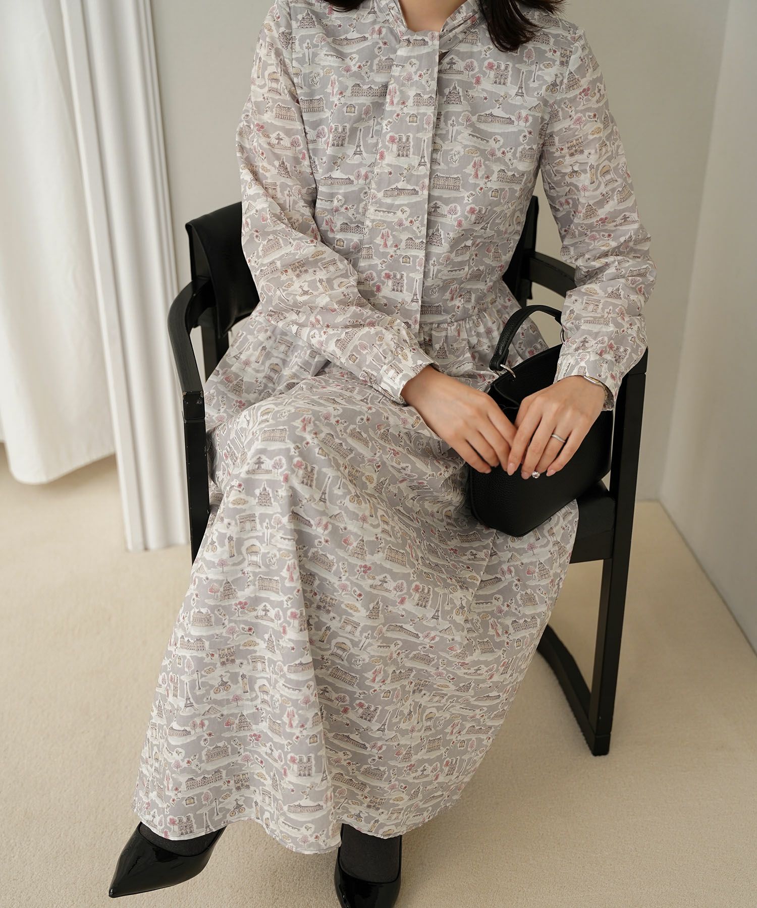 レディース ワンピース ボウタイ リバティ柄 長袖 パリ 陶器 長袖 きれいめ 上品 洗える グレー/ピンク/ブルー/ベージュ/M