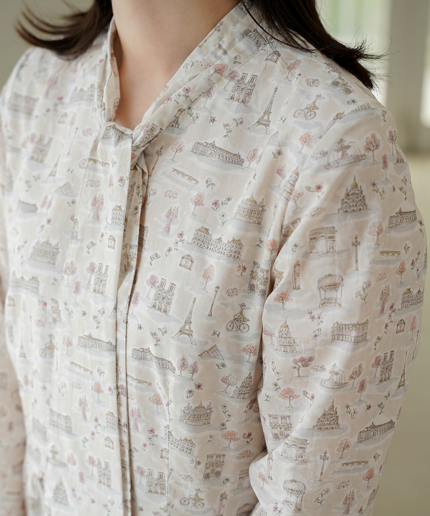 レディース ワンピース ボウタイ リバティ柄 長袖 パリ 陶器 長袖 きれいめ 上品 洗える グレー/ピンク/ブルー/ベージュ/M