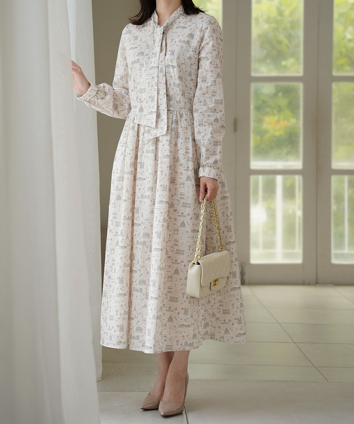 レディース ワンピース ボウタイ リバティ柄 長袖 パリ 陶器 長袖 きれいめ 上品 洗える グレー/ピンク/ブルー/ベージュ/M