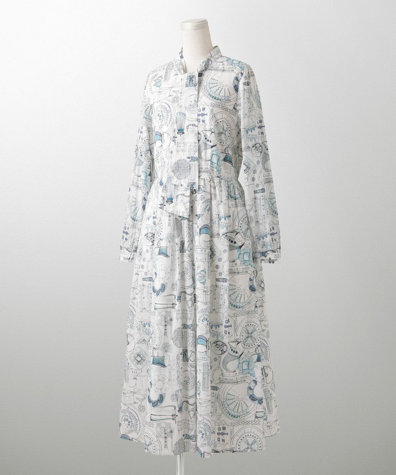 レディース ワンピース ボウタイ リバティ柄 長袖 パリ 陶器 長袖 きれいめ 上品 洗える グレー/ピンク/ブルー/ベージュ/M