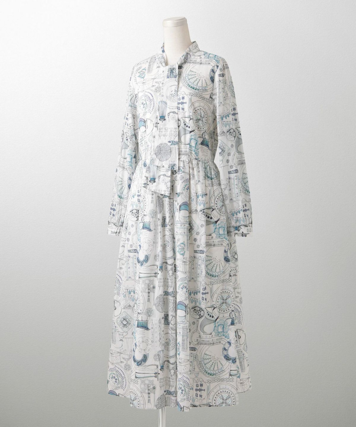 レディース ワンピース ボウタイ リバティ柄 長袖 パリ 陶器 長袖 きれいめ 上品 洗える グレー/ピンク/ブルー/ベージュ/M