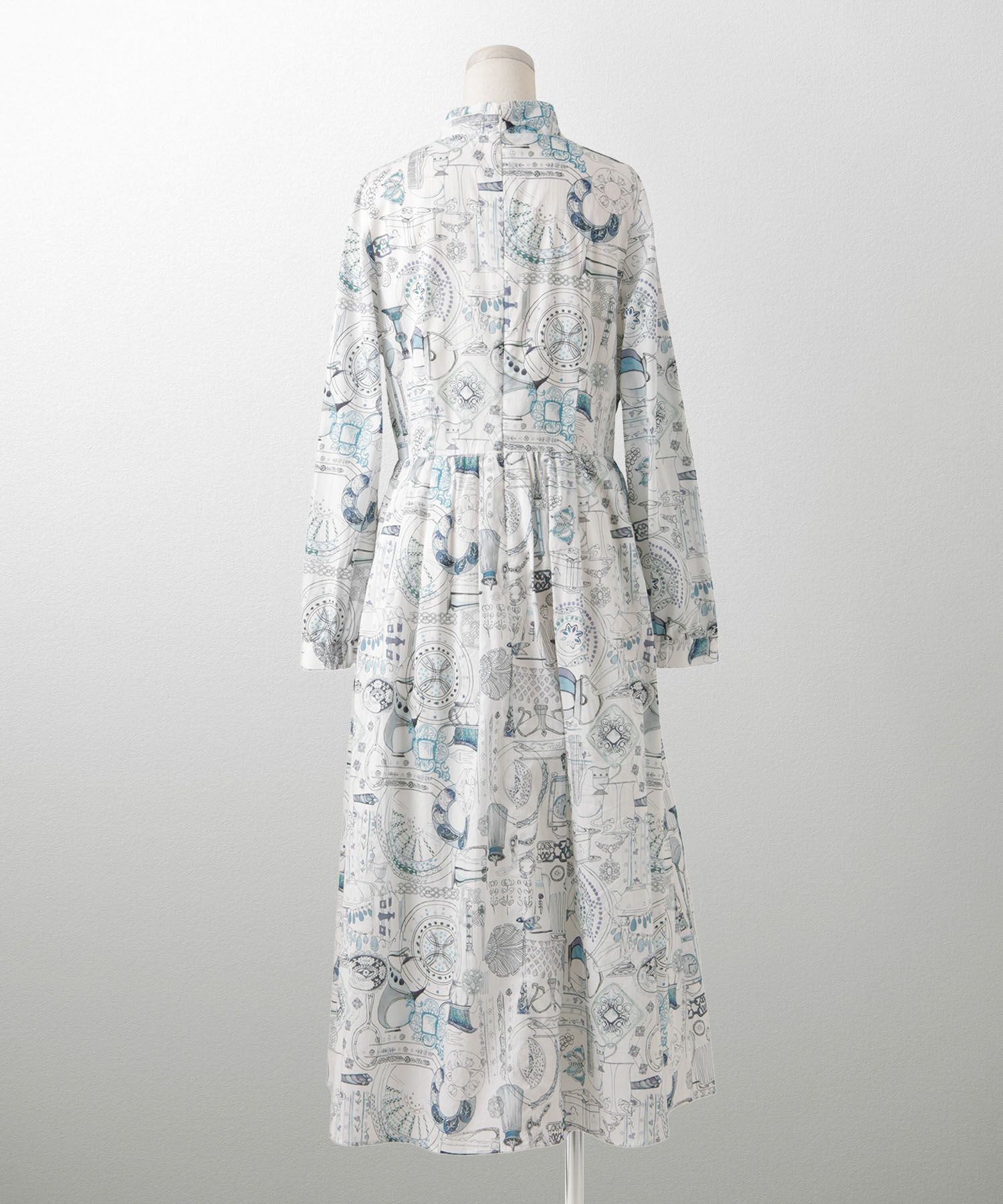 レディース ワンピース ボウタイ リバティ柄 長袖 パリ 陶器 長袖 きれいめ 上品 洗える グレー/ピンク/ブルー/ベージュ/M