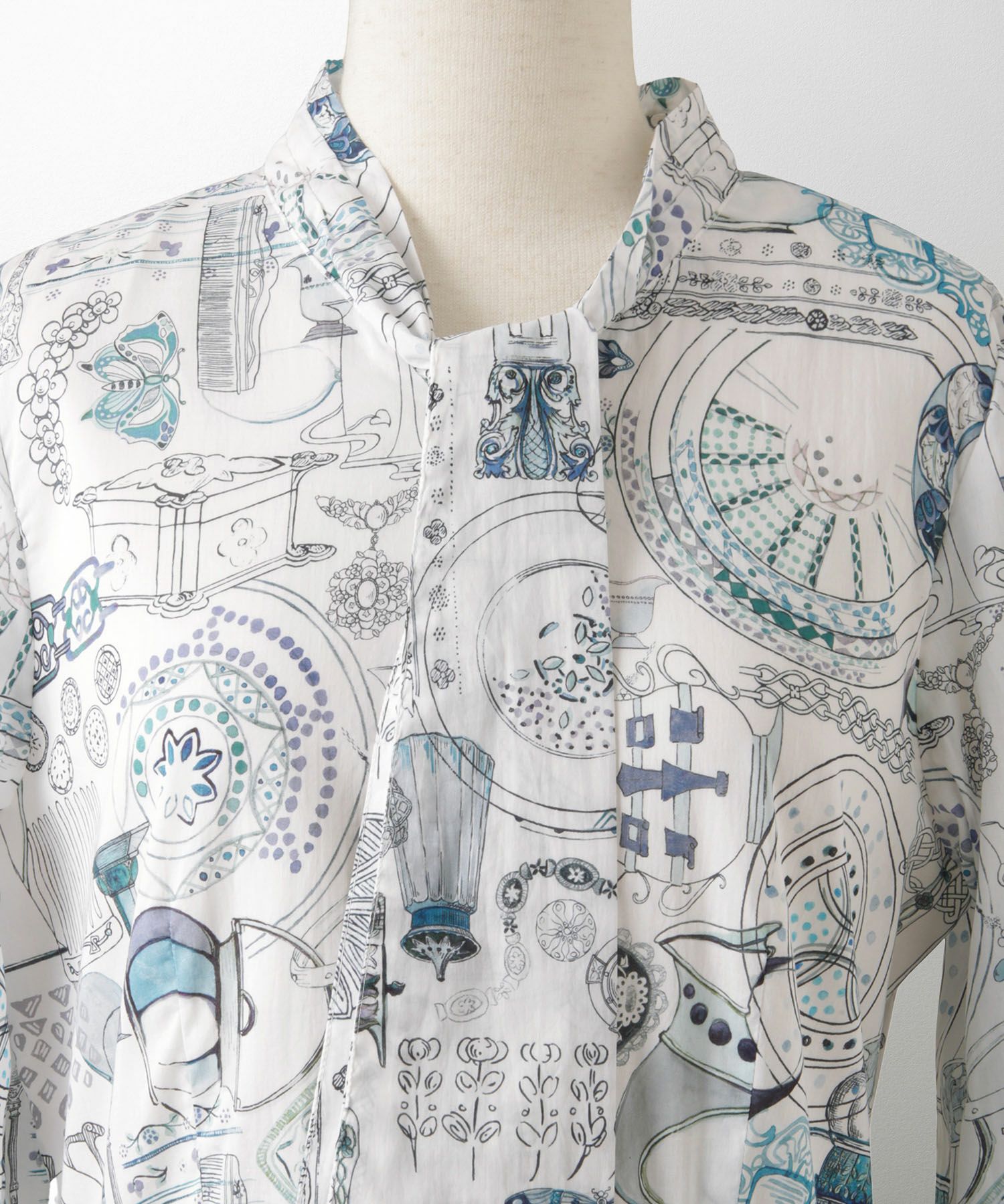 レディース ワンピース ボウタイ リバティ柄 長袖 パリ 陶器 長袖 きれいめ 上品 洗える グレー/ピンク/ブルー/ベージュ/M