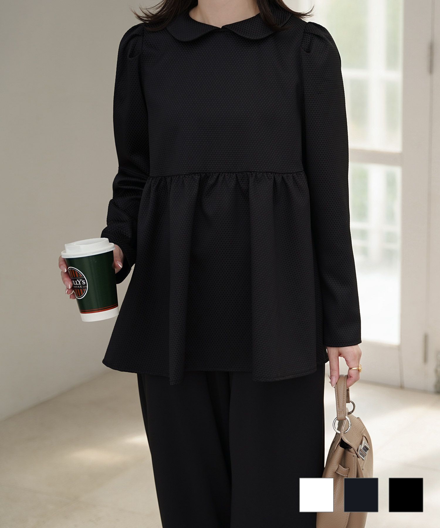 襟付き ジャガード ペプラム ブラウス フェミニン 微光沢 ペプラム 丸襟 長袖 きれいめ 上品 オフィス  オケージョン ホワイト/ネイビー/ブラック/M/長袖