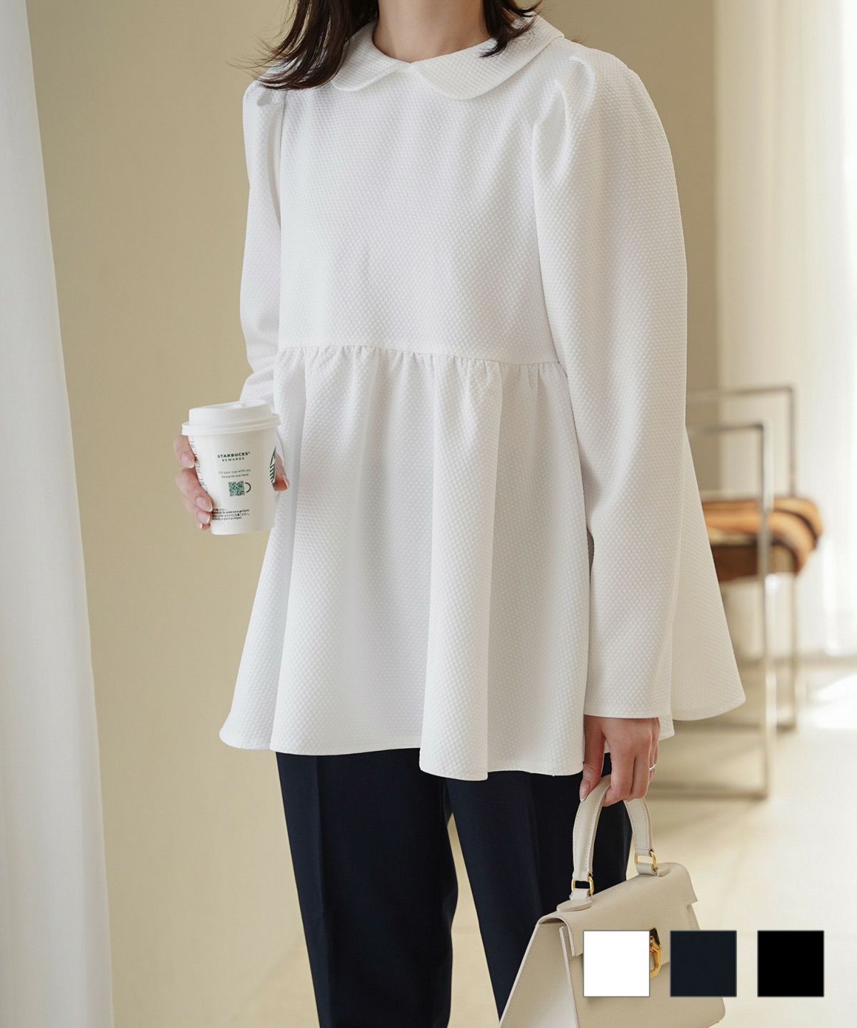襟付き ジャガード ペプラム ブラウス フェミニン 微光沢 ペプラム 丸襟 長袖 きれいめ 上品 オフィス  オケージョン ホワイト/ネイビー/ブラック/M/長袖